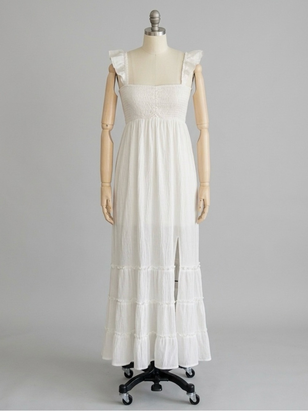 Summer Vacation Flowy Boho Beach Hippie Cotton Maxi Dress White - Size S